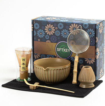 Matcha Whisk Set, Matcha Set Includes Ceramic Matcha Bowl, Matcha Whisk and Holder, Bamboo Scoop, Sifter, Scoop Rest and Tea Towel - 7 Pcs Matcha Making Kit for Matcha Lover and Tea Ceremony