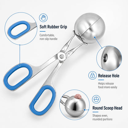 Meat Baller Tongs, 2-Pack Stainless Steel Meatball Maker with Detachable Anti-Slip Handles – Non-Stick Food Scoop for Meatballs, Cake Pops, Cookie Dough, Ice Cream, and BBQ (1.38" & 1.78")