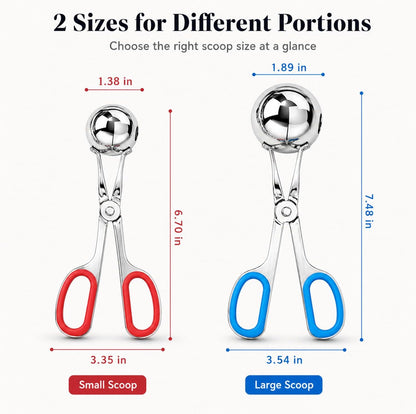 Meat Baller Tongs, 2-Pack Stainless Steel Meatball Maker with Detachable Anti-Slip Handles – Non-Stick Food Scoop for Meatballs, Cake Pops, Cookie Dough, Ice Cream, and BBQ (1.38" & 1.78")