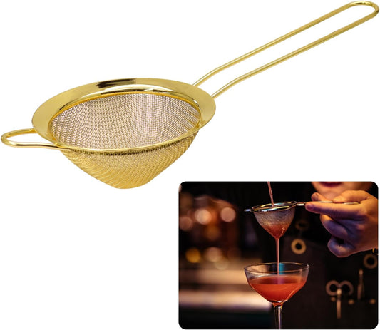 Small Fine Mesh Strainer, Stainless Steel, Gold | Cocktail Sieve, Mini Strainer for Cocktails, Tea, Herbs, Drinks and Coffee, Small Sifter with Handle