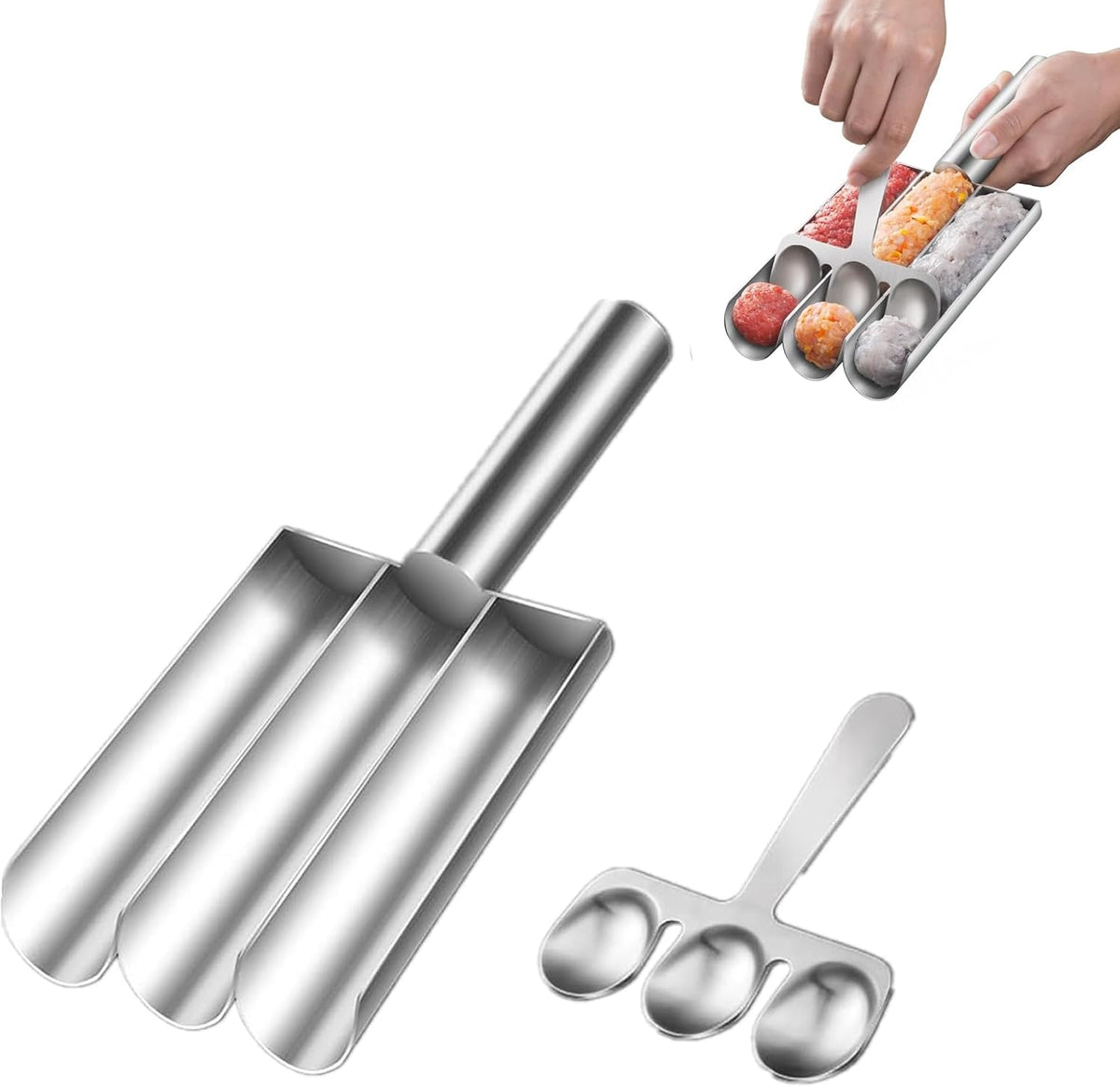 Meat Baller Spoon with Cutting Spade, Triple Meatball Maker for Meatball Lovers, DIY Meatball Making Set, Home Cooking Tools for Quick Making Meatballs