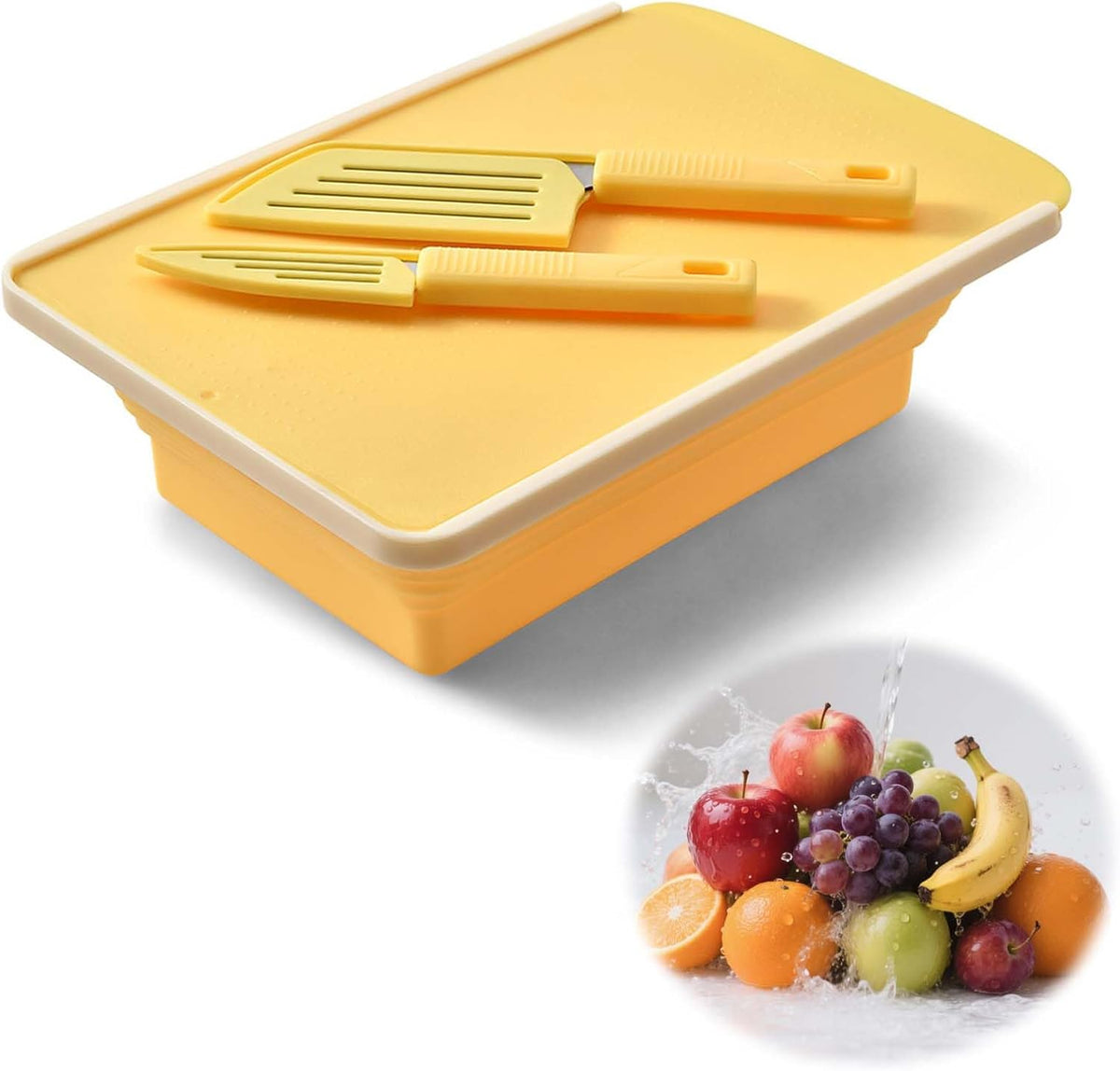 Collapsible Drainer Basket , with Colander, Cutting Board and Knives, Multifunctional Kitchen Vegetable Washing Basket, Camping sink, Gifts for Camper Kitchen Organization, Picnic Essentials(Khaki)