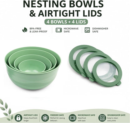 Pera Mixing Bowls with Lids, 8-Piece Airtight Leak-Proof Nesting BPA-Free Prep Bowl Set for Kitchen & Food Storage, Large 4200ml Capacity, Microwave & Dishwasher Safe