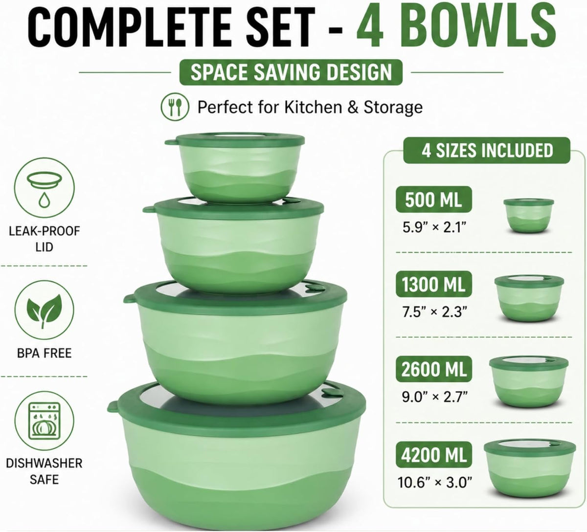 Pera Mixing Bowls with Lids, 8-Piece Airtight Leak-Proof Nesting BPA-Free Prep Bowl Set for Kitchen & Food Storage, Large 4200ml Capacity, Microwave & Dishwasher Safe