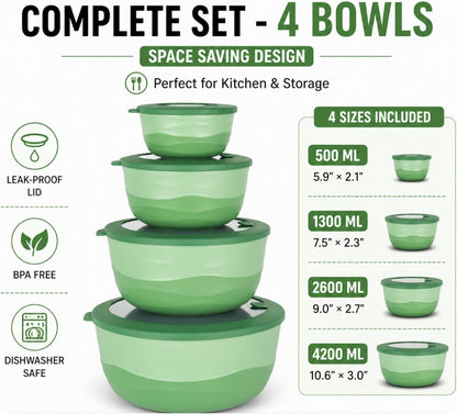 Pera Mixing Bowls with Lids, 8-Piece Airtight Leak-Proof Nesting BPA-Free Prep Bowl Set for Kitchen & Food Storage, Large 4200ml Capacity, Microwave & Dishwasher Safe