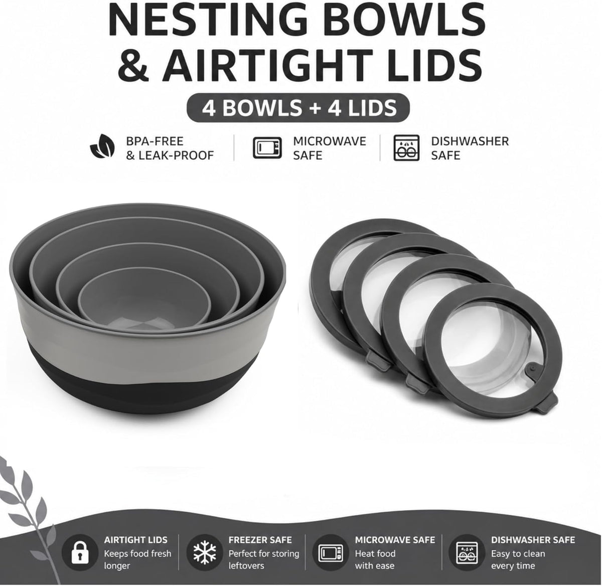 Pera Mixing Bowls with Lids, 8-Piece Airtight Leak-Proof Nesting BPA-Free Prep Bowl Set for Kitchen & Food Storage, Large 4200ml Capacity, Microwave & Dishwasher Safe
