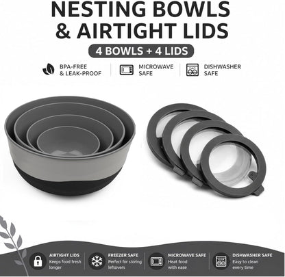 Pera Mixing Bowls with Lids, 8-Piece Airtight Leak-Proof Nesting BPA-Free Prep Bowl Set for Kitchen & Food Storage, Large 4200ml Capacity, Microwave & Dishwasher Safe