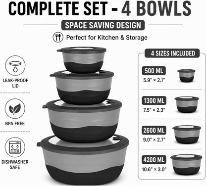 Pera Mixing Bowls with Lids, 8-Piece Airtight Leak-Proof Nesting BPA-Free Prep Bowl Set for Kitchen & Food Storage, Large 4200ml Capacity, Microwave & Dishwasher Safe