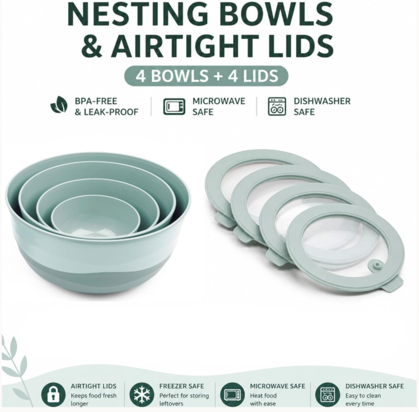 Pera Mixing Bowls with Lids, 8-Piece Airtight Leak-Proof Nesting BPA-Free Prep Bowl Set for Kitchen & Food Storage, Large 4200ml Capacity, Microwave & Dishwasher Safe