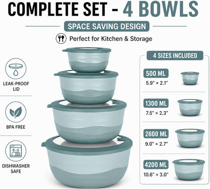 Pera Mixing Bowls with Lids, 8-Piece Airtight Leak-Proof Nesting BPA-Free Prep Bowl Set for Kitchen & Food Storage, Large 4200ml Capacity, Microwave & Dishwasher Safe