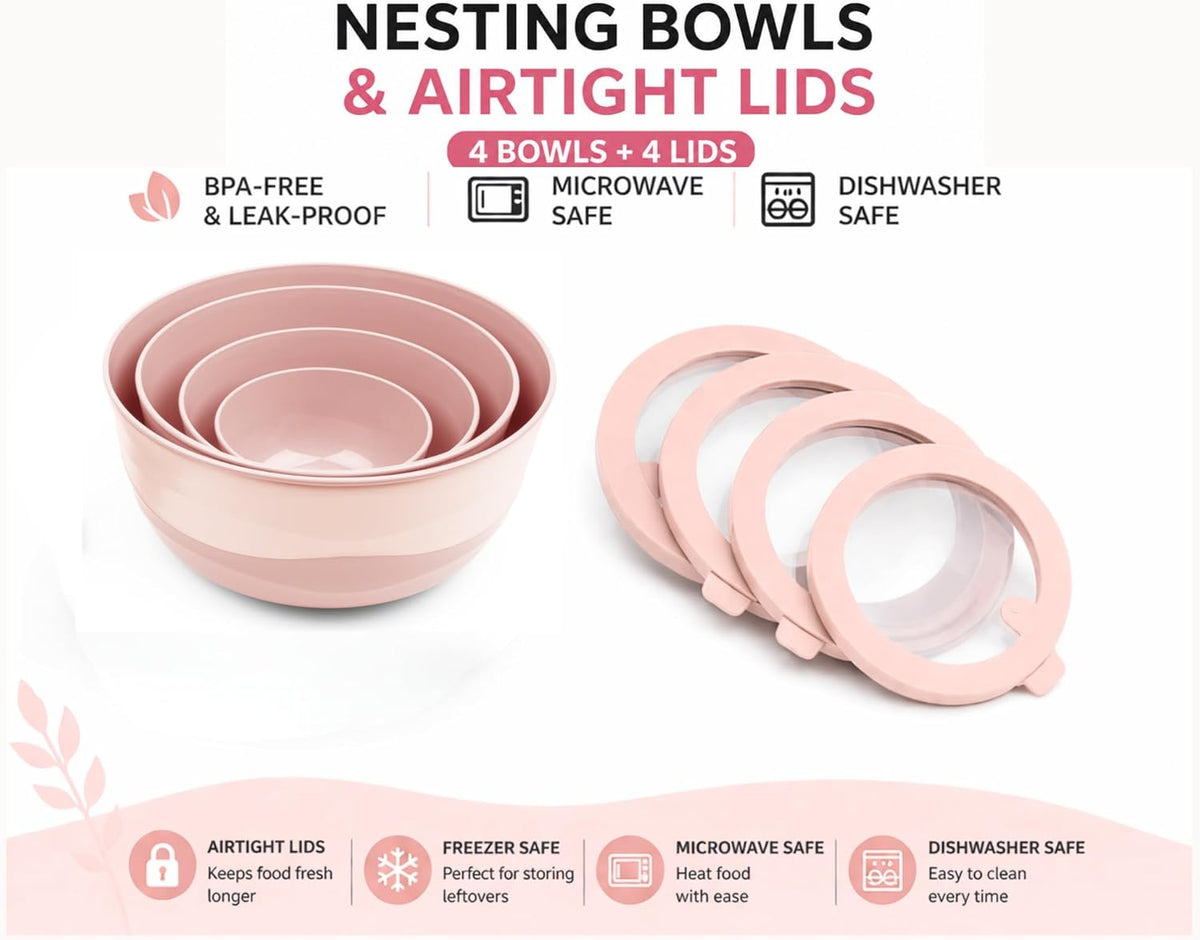 Pera Mixing Bowls with Lids, 8-Piece Airtight Leak-Proof Nesting BPA-Free Prep Bowl Set for Kitchen & Food Storage, Large 4200ml Capacity, Microwave & Dishwasher Safe