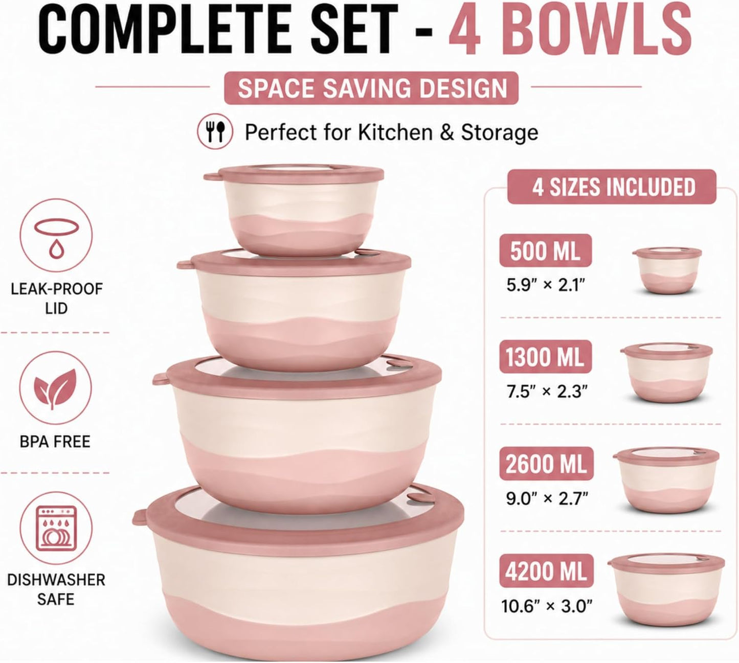 Pera Mixing Bowls with Lids, 8-Piece Airtight Leak-Proof Nesting BPA-Free Prep Bowl Set for Kitchen & Food Storage, Large 4200ml Capacity, Microwave & Dishwasher Safe