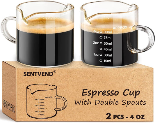 4 Oz Espresso Shot Cups Set of 2 Double Spout with Handle Measuring