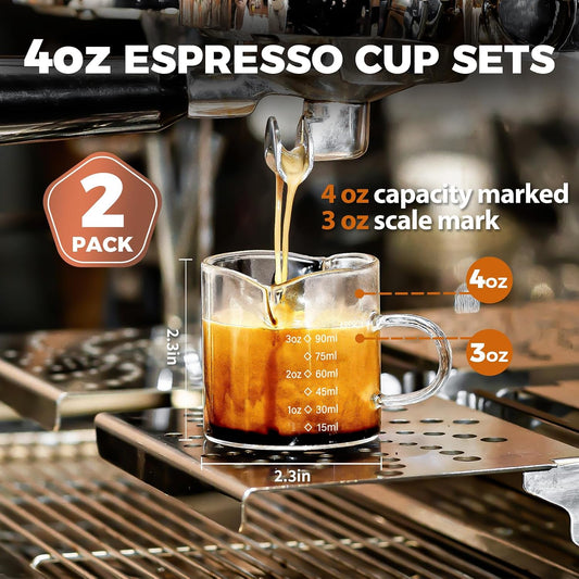 4 Oz Espresso Shot Cups Set of 2 Double Spout with Handle Measuring