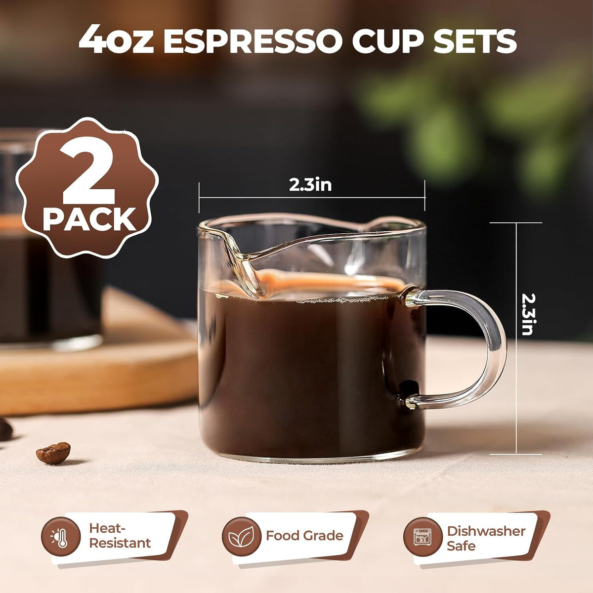 4 Oz Espresso Shot Cups Set of 2 Double Spout with Handle Measuring