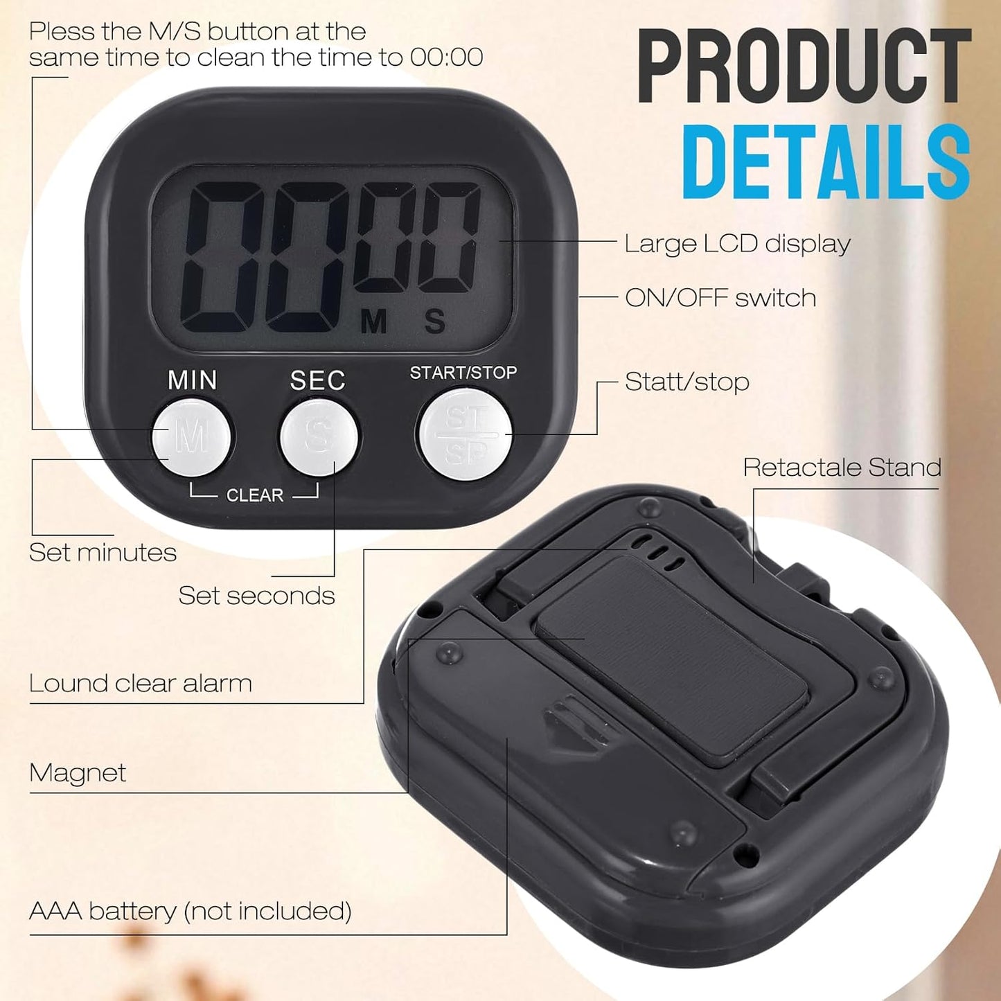 24 Pcs Digital Kitchen Timers Bulk Timer for Classroom Small Magnetic Timer On/Off Switch Countdown Loud Alarm for Cooking School Student Teacher Exercise Training Baking Work(Black)