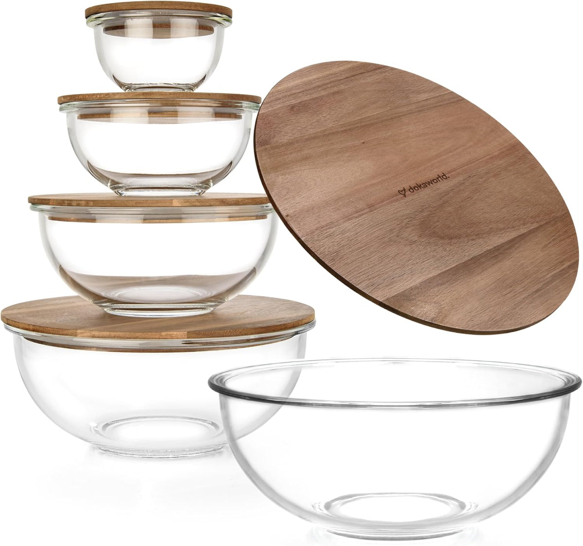 Stackable Glass Mixing Bowls with Acacia Lids Set of 5