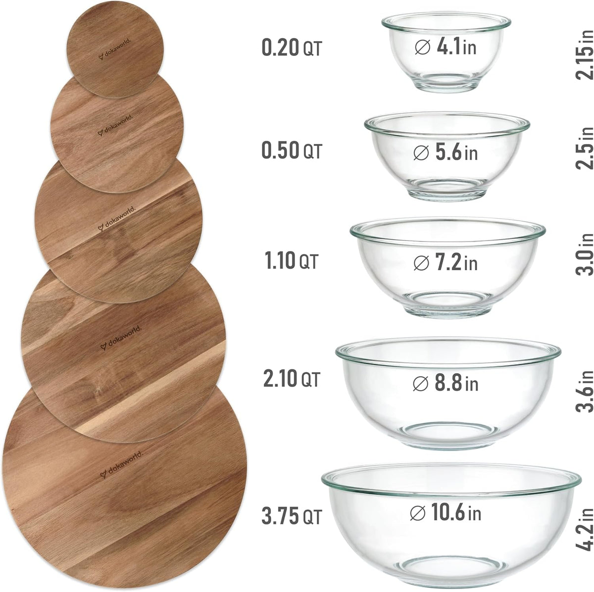 Stackable Glass Mixing Bowls with Acacia Lids Set of 5