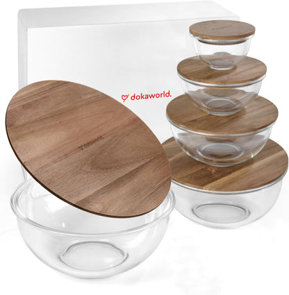 Stackable Glass Mixing Bowls with Acacia Lids Set of 5