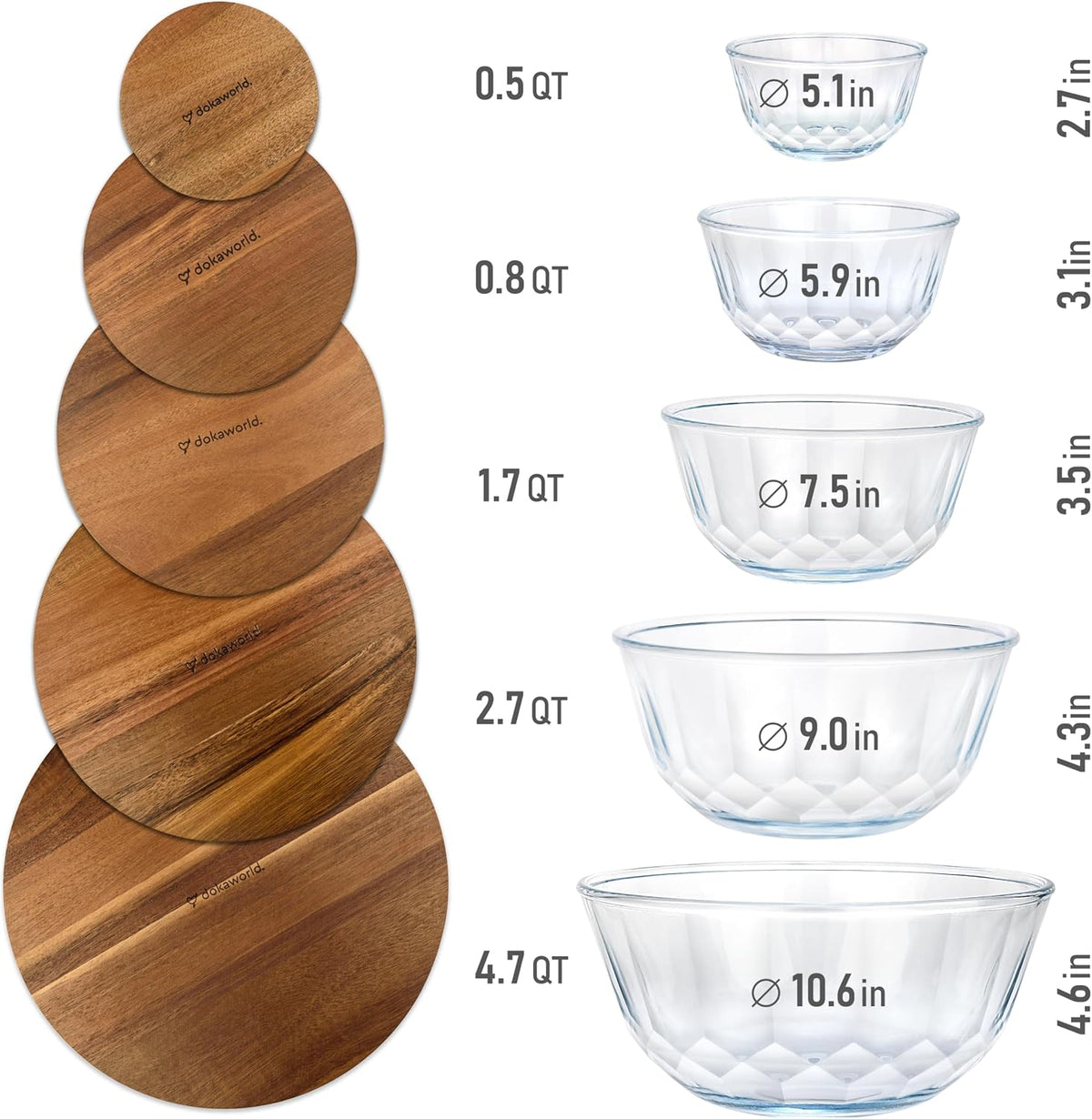 Stackable Glass Mixing Bowls with Acacia Lids Set of 5