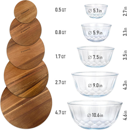 Stackable Glass Mixing Bowls with Acacia Lids Set of 5
