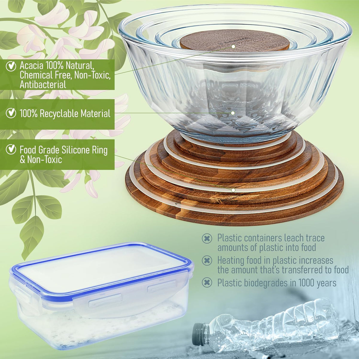 Stackable Glass Mixing Bowls with Acacia Lids Set of 5