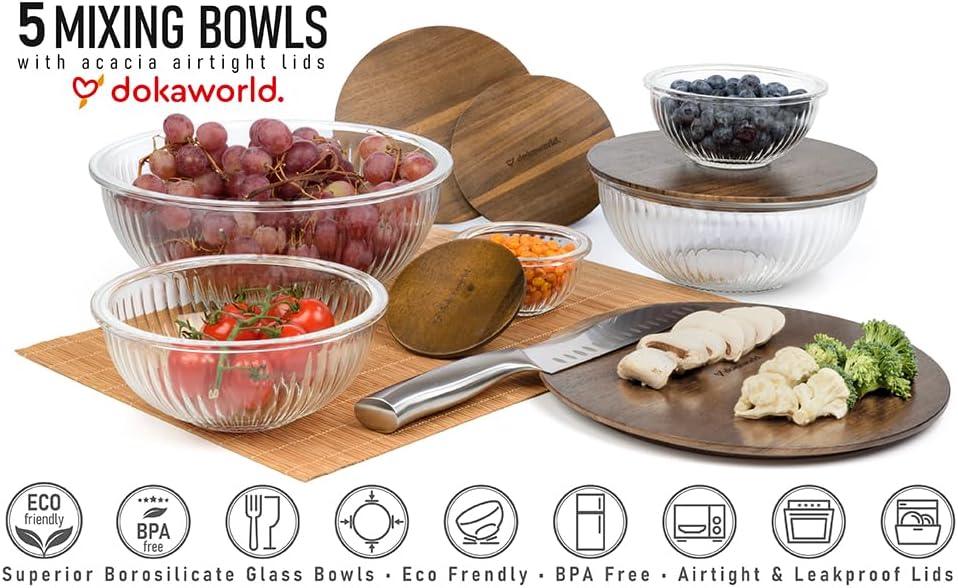 Stackable Glass Mixing Bowls with Acacia Lids Set of 5