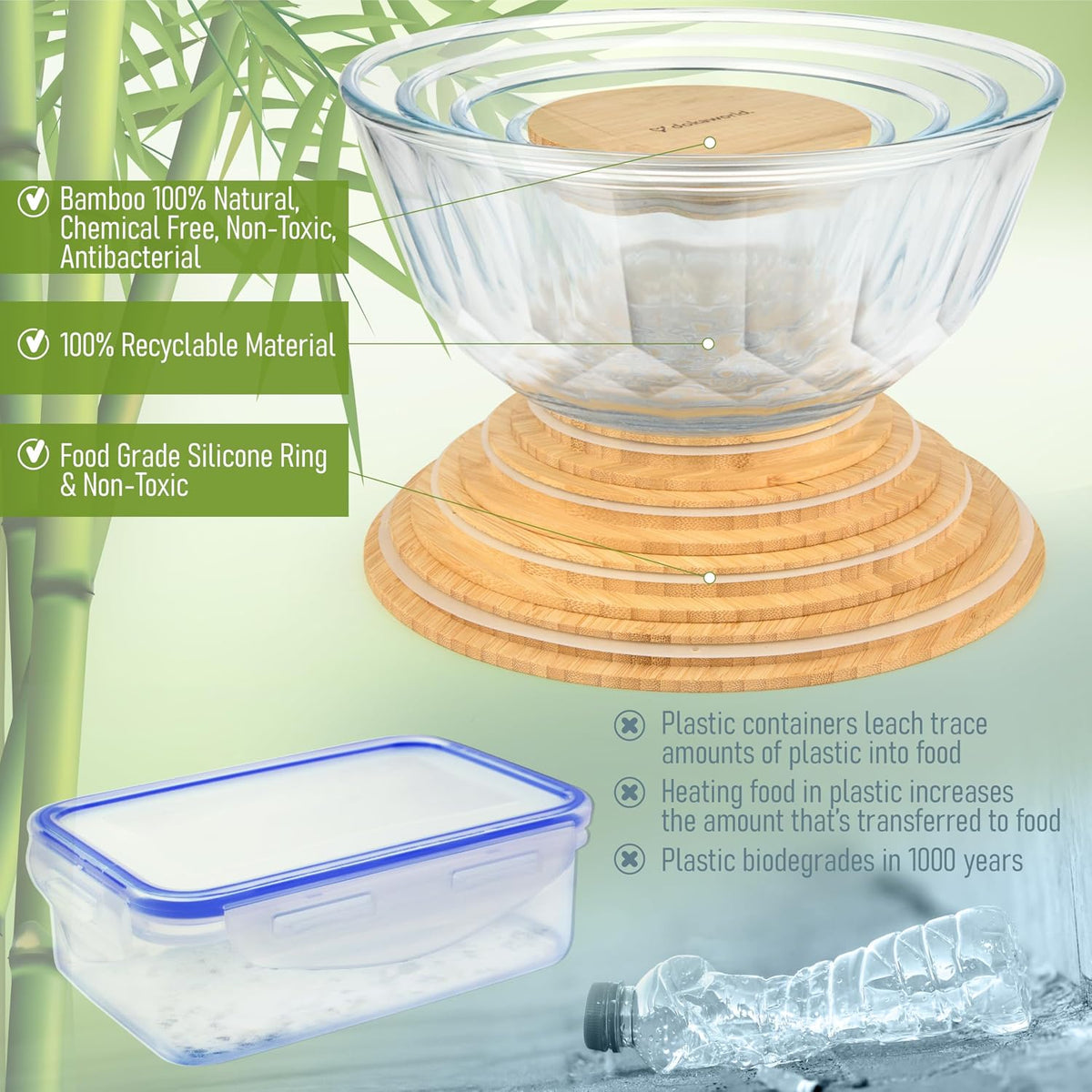 Stackable Glass Mixing Bowls with Acacia Lids Set of 5