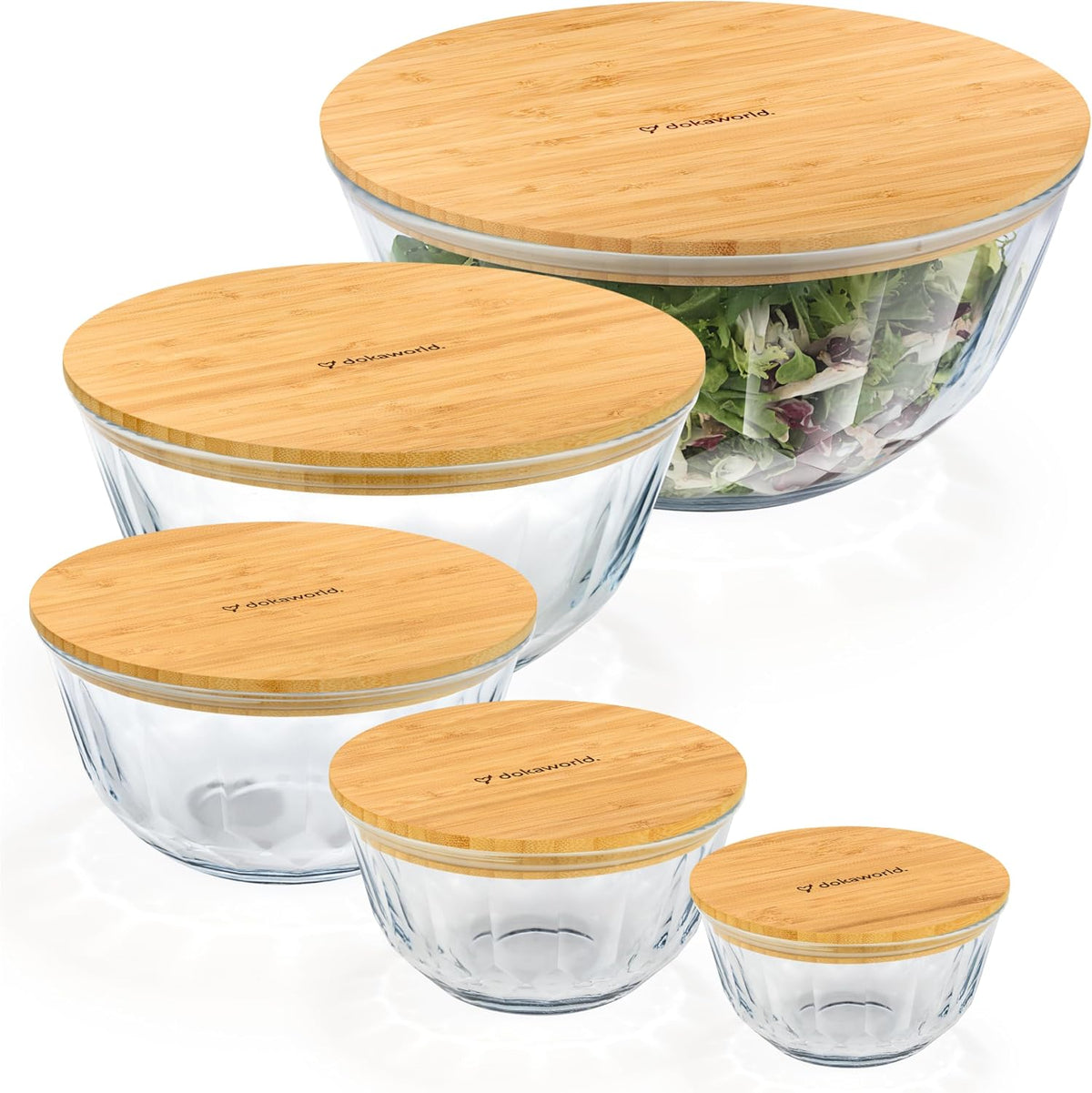 Stackable Glass Mixing Bowls with Acacia Lids Set of 5