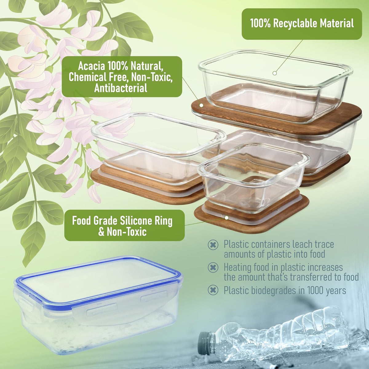 Stackable Glass Mixing Bowls with Acacia Lids Set of 5