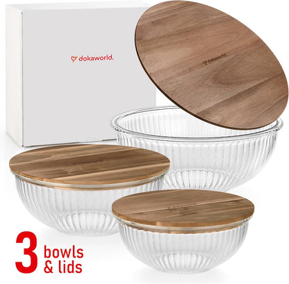 Stackable Glass Mixing Bowls with Acacia Lids Set of 5