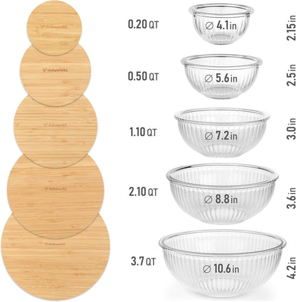 Stackable Glass Mixing Bowls with Acacia Lids Set of 5