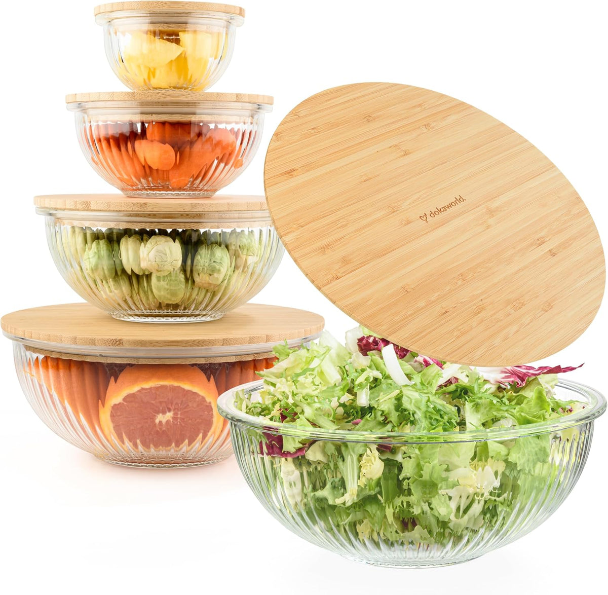 Stackable Glass Mixing Bowls with Acacia Lids Set of 5