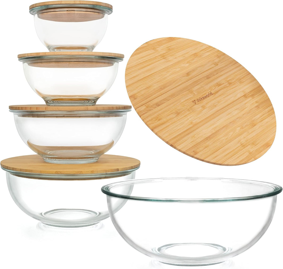 Stackable Glass Mixing Bowls with Acacia Lids Set of 5
