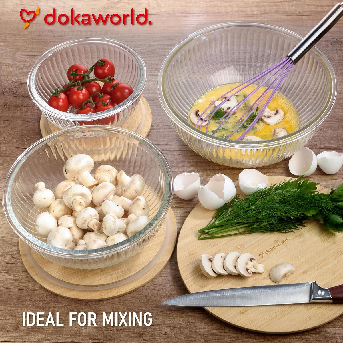 Stackable Glass Mixing Bowls with Acacia Lids Set of 5