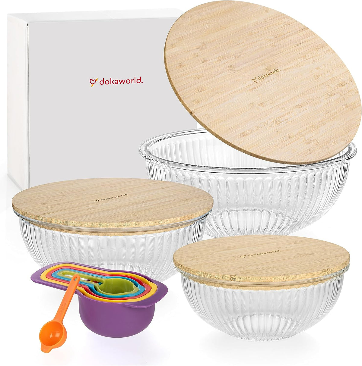 Stackable Glass Mixing Bowls with Acacia Lids Set of 5