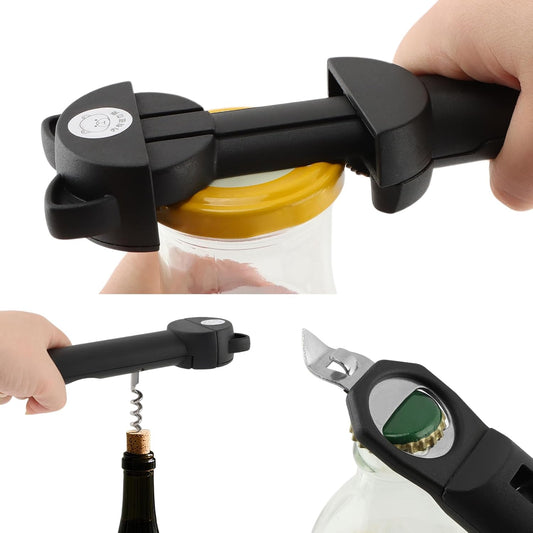 Jar Opener Bottle Opener and Wine Opener' for Seniors with Arthritis, Weak Hands, Retractable Magnetic Can Opener', Multifunctional Can Opener' Jar Lid Gripper(COLOR:Black)