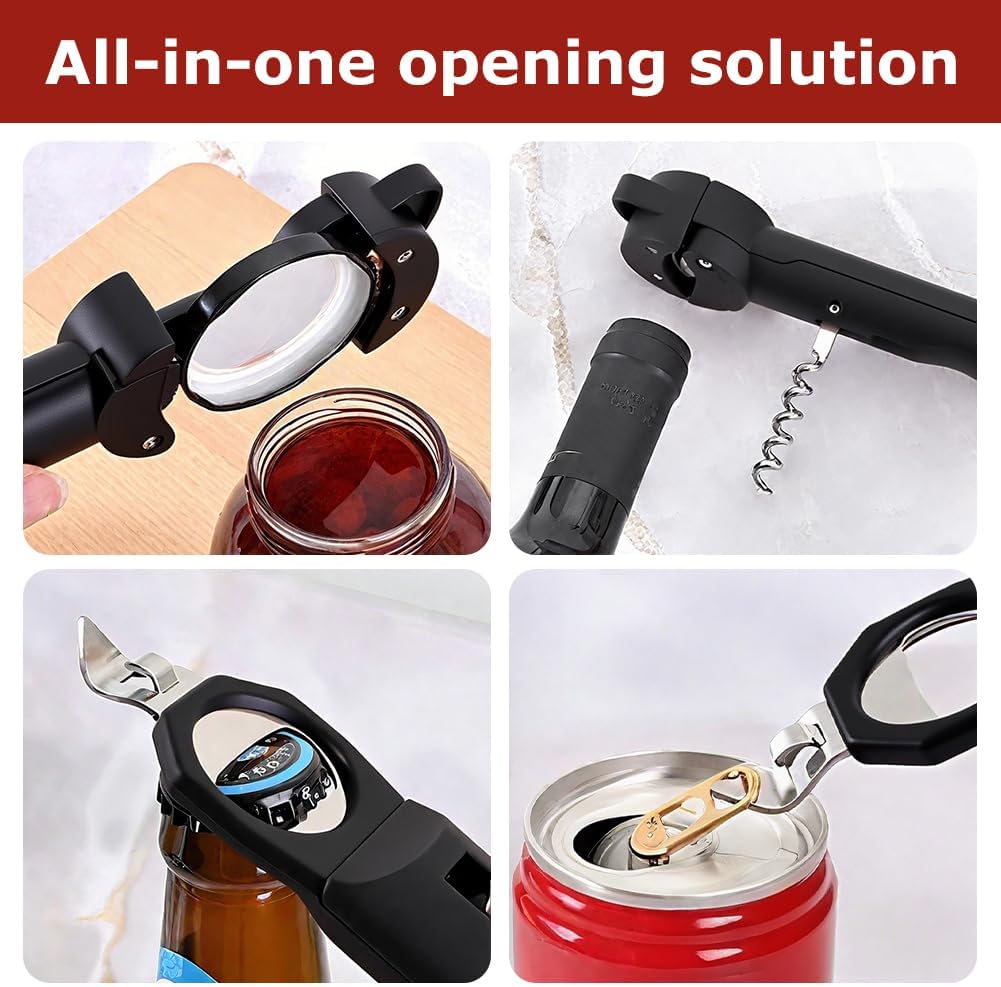 Jar Opener Bottle Opener and Wine Opener' for Seniors with Arthritis, Weak Hands, Retractable Magnetic Can Opener', Multifunctional Can Opener' Jar Lid Gripper(COLOR:Black)