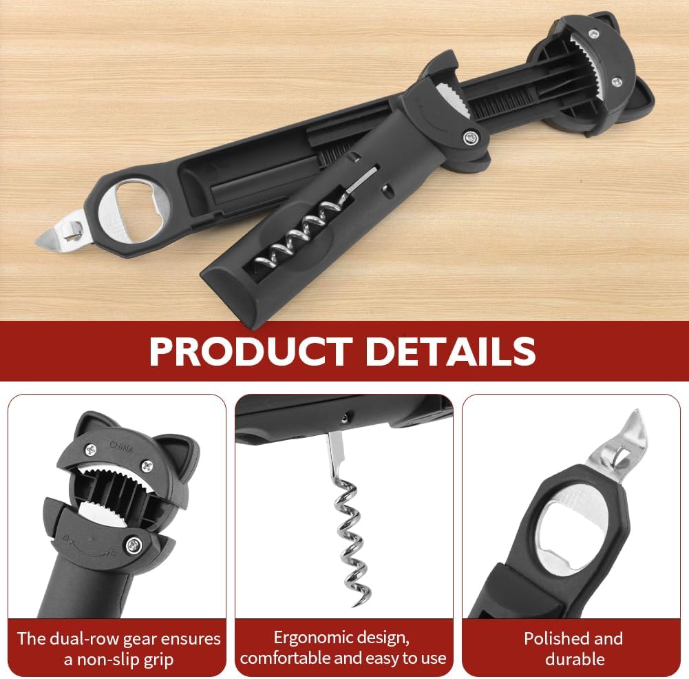 Jar Opener Bottle Opener and Wine Opener' for Seniors with Arthritis, Weak Hands, Retractable Magnetic Can Opener', Multifunctional Can Opener' Jar Lid Gripper(COLOR:Black)