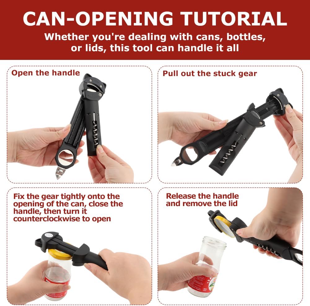 Jar Opener Bottle Opener and Wine Opener' for Seniors with Arthritis, Weak Hands, Retractable Magnetic Can Opener', Multifunctional Can Opener' Jar Lid Gripper(COLOR:Black)