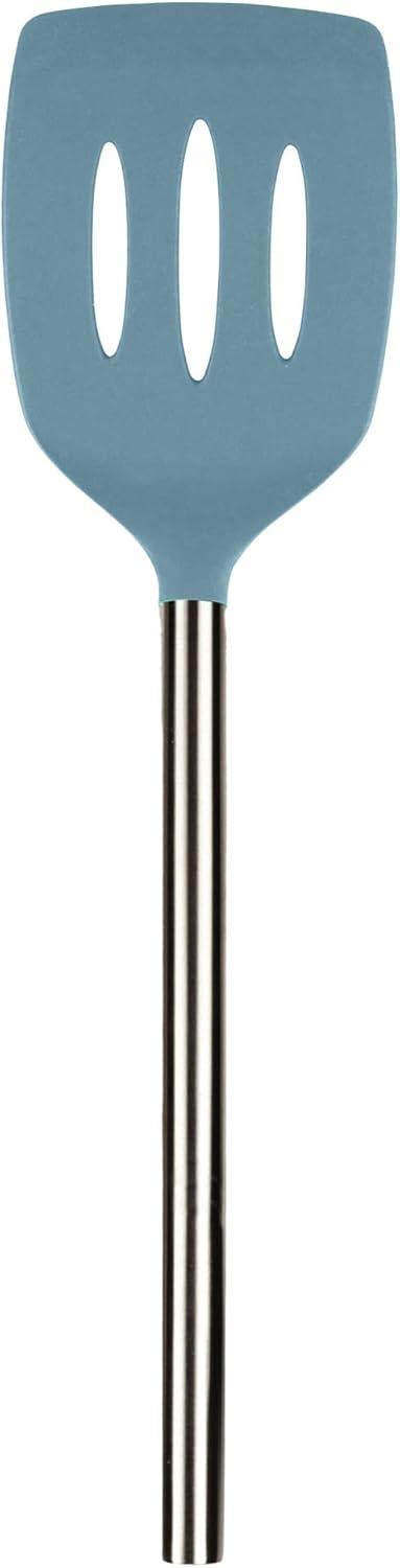 Slotted Silicone Spatula Turner Slotted Stainless Steel Handle 10" Blue Slate Heat Resistant Non Toxic BPA Free Kitchen Utensil, Silicone Egg Pancake Flipper Metal Handle Turner for Cooking