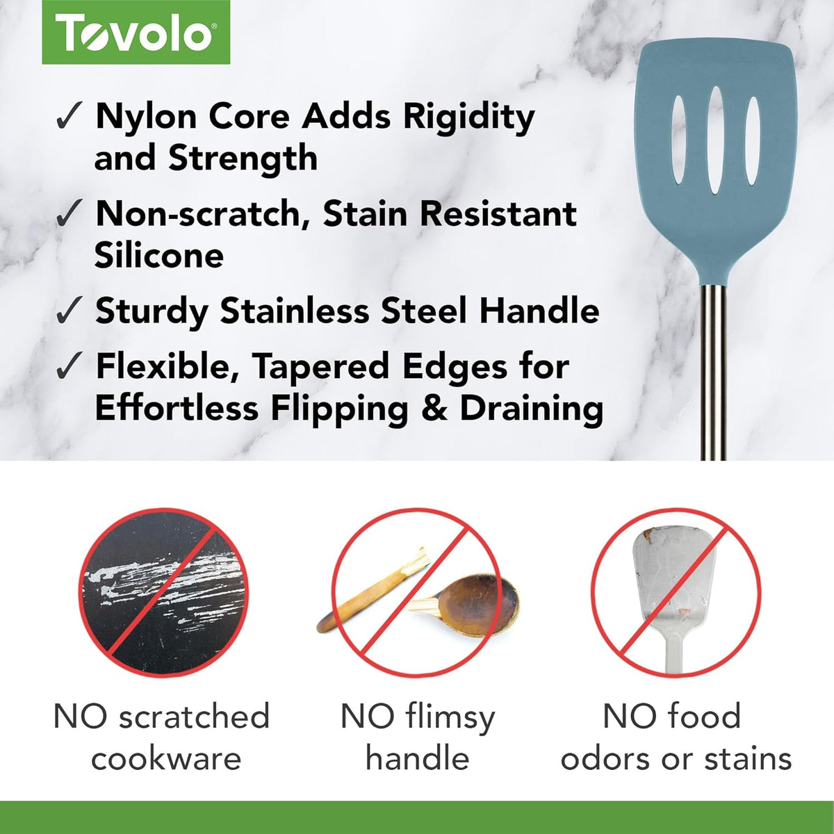 Slotted Silicone Spatula Turner Slotted Stainless Steel Handle 10" Blue Slate Heat Resistant Non Toxic BPA Free Kitchen Utensil, Silicone Egg Pancake Flipper Metal Handle Turner for Cooking