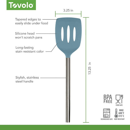 Slotted Silicone Spatula Turner Slotted Stainless Steel Handle 10" Blue Slate Heat Resistant Non Toxic BPA Free Kitchen Utensil, Silicone Egg Pancake Flipper Metal Handle Turner for Cooking