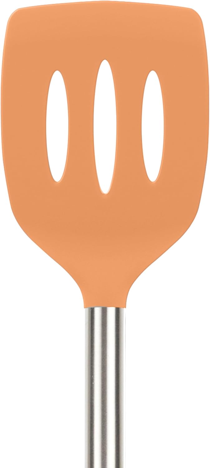 Slotted Silicone Spatula Turner Slotted Stainless Steel Handle 10" Blue Slate Heat Resistant Non Toxic BPA Free Kitchen Utensil, Silicone Egg Pancake Flipper Metal Handle Turner for Cooking