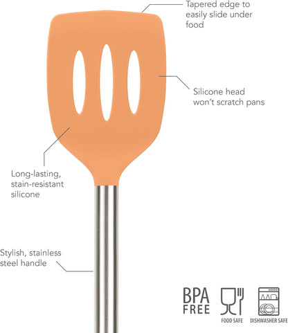 Slotted Silicone Spatula Turner Slotted Stainless Steel Handle 10" Blue Slate Heat Resistant Non Toxic BPA Free Kitchen Utensil, Silicone Egg Pancake Flipper Metal Handle Turner for Cooking