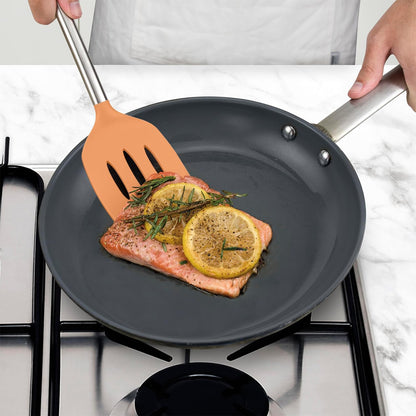 Slotted Silicone Spatula Turner Slotted Stainless Steel Handle 10" Blue Slate Heat Resistant Non Toxic BPA Free Kitchen Utensil, Silicone Egg Pancake Flipper Metal Handle Turner for Cooking