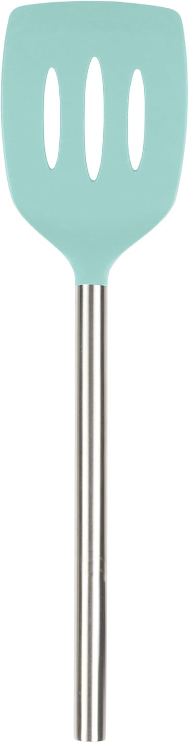 Slotted Silicone Spatula Turner Slotted Stainless Steel Handle 10" Blue Slate Heat Resistant Non Toxic BPA Free Kitchen Utensil, Silicone Egg Pancake Flipper Metal Handle Turner for Cooking