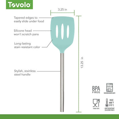 Slotted Silicone Spatula Turner Slotted Stainless Steel Handle 10" Blue Slate Heat Resistant Non Toxic BPA Free Kitchen Utensil, Silicone Egg Pancake Flipper Metal Handle Turner for Cooking