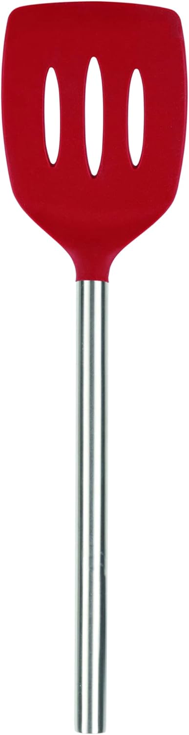 Slotted Silicone Spatula Turner Slotted Stainless Steel Handle 10" Blue Slate Heat Resistant Non Toxic BPA Free Kitchen Utensil, Silicone Egg Pancake Flipper Metal Handle Turner for Cooking