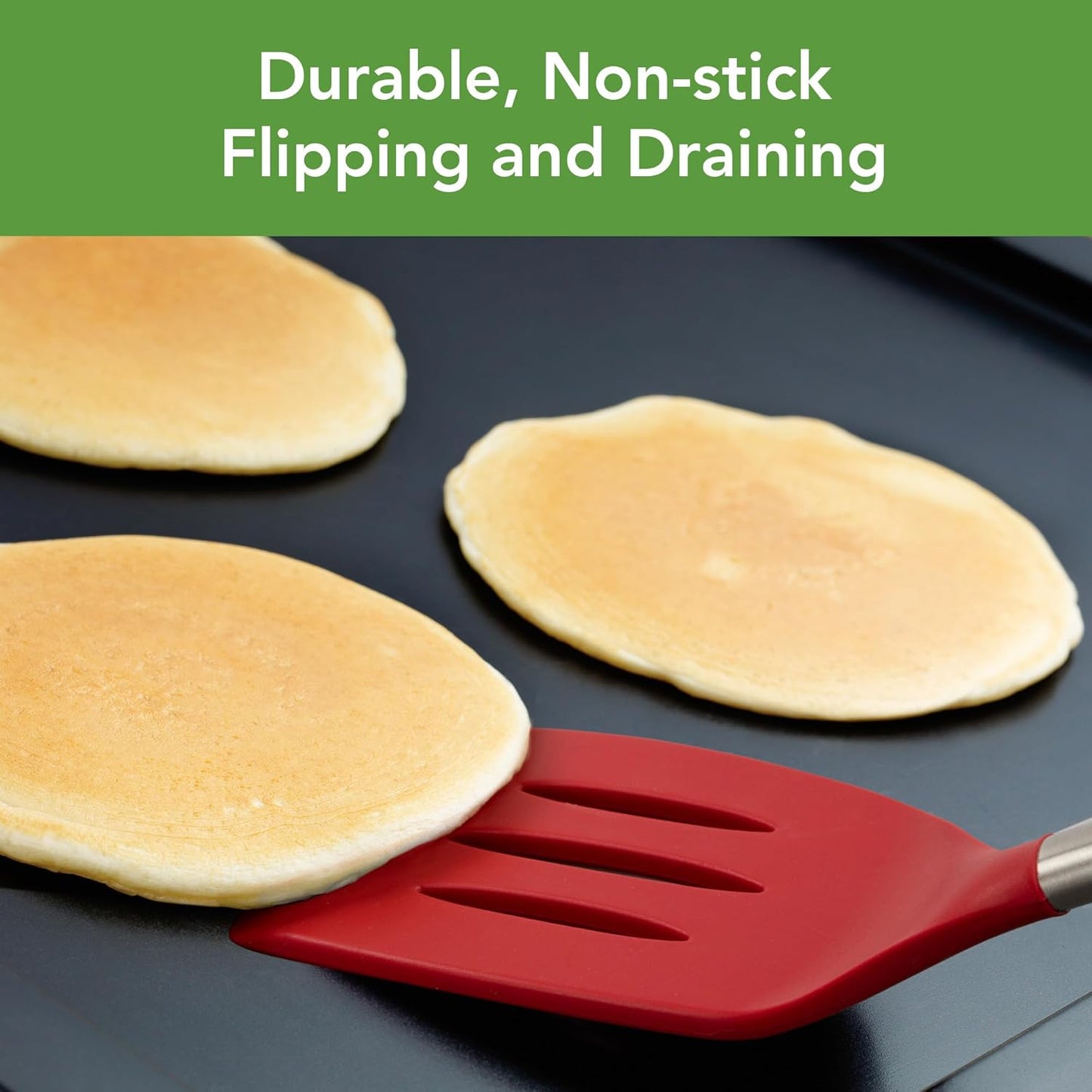 Slotted Silicone Spatula Turner Slotted Stainless Steel Handle 10" Blue Slate Heat Resistant Non Toxic BPA Free Kitchen Utensil, Silicone Egg Pancake Flipper Metal Handle Turner for Cooking